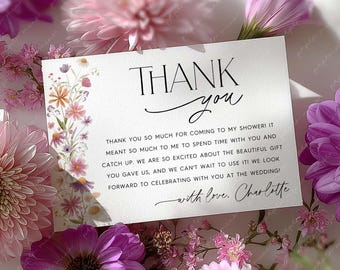 Wildflower Thank You Card Template, Printable Thank You Card Instant Download Thank You Card, Bridal Shower Thank You, Pink Floral Thank You