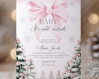Baby It's Cold Outside Baby Shower Invitation Pink Bow, Girl Christmas Baby Shower Invite, Snowflake Winter Wonderland Holiday Shower Invite