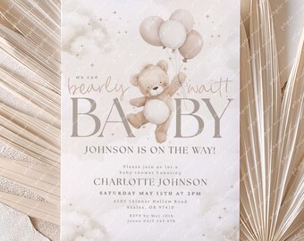 We Can Bearly Wait Baby Shower Invitation, Gender Neutral Teddy Bear Baby Shower Invite, Beige Teddy Bear with Balloons, Neutral Invite