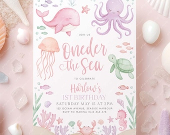 Under the Sea 1st Birthday Invitation: Ocean Animals, Editable Canva Template