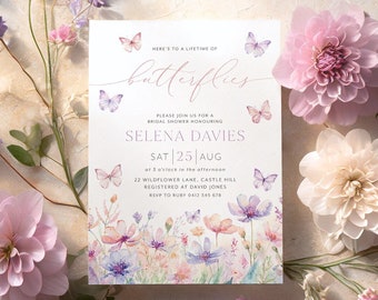 Lifetime of Butterflies Bridal Shower Invite, Printable Wildflower Butterfly Floral Party Invitation Editable, Butterfly Bridal Invitation