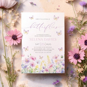 Lifetime of Butterflies Bridal Shower Invite, Printable Wildflower Butterfly Floral Party Invitation Editable, Butterfly Bridal Invitation