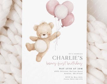 Beary First Birthday Invitation, Bear Birthday Invite, Teddy Bear First Birthday, 1st Birthday Girl, Beary 1st Birthday Party Invite Pink