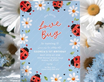 Ladybug 1st Birthday Invitation Template: Love Bug Girl Invite (5x7" Printable Canva Template)