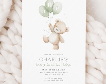Beary First Birthday Invitation, Bear Birthday Invite, Teddy Bear First Birthday, 1st Birthday Boy, Beary 1st Birthday Party Sage Green