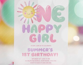 One Happy Girl 1st Birthday Invitation, Bright Sun Girls Invite Printable, Pink Purple Aqua