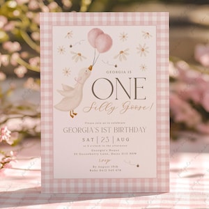 One Silly Goose Birthday Invitation, 1st Birthday Girl Pink Invite Printable, Goose 1st Birthday, Goose Invitation Template Daisy Gingham