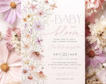 Baby in Bloom Invitation, Wildflowers Baby Shower Invitation, Purple Pink Flower Invitation, Wild Flower Invite, Floral Baby Brunch Invite