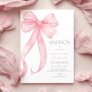 Pink Bow 1st Birthday Invitation Girl, First Birthday Template Printable, Pink Coquette Bow Invitation 1st Birthday Girl Invite, Bow Invite