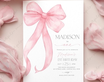 Pink Bow 1st Birthday Invitation Girl, First Birthday Template Printable, Pink Coquette Bow Invitation 1st Birthday Girl Invite, Bow Invite