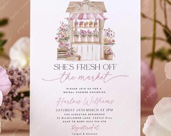 Fresh Off the Market Bridal Shower Invite, Flower Market Invitation Printable Canva Template Bright Purple