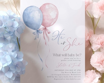 Gender Reveal Invitation, Pink Blue Balloons Baby Shower Invite Printable, He or She