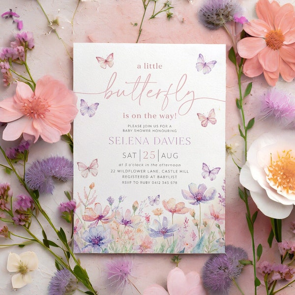 Butterfly Baby Shower Invitation, Purple Butterfly Invitation Template, Butterfly Baby Shower Invitation Girl, Butterflies and Flowers Pink