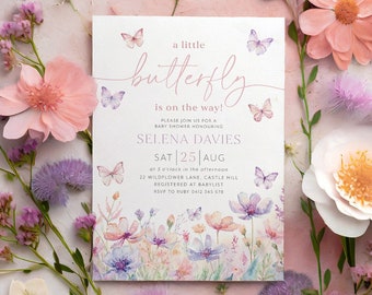 Butterfly Baby Shower Invitation, Purple Butterfly Invitation Template, Butterfly Baby Shower Invitation Girl, Butterflies and Flowers Pink