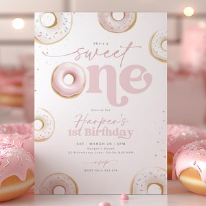 Sweet One Birthday Invitation, 1st Birthday Girl Invitation, She&#39;s a Sweet One 1st Birthday Invitation Pink Donut Birthday Invite Printable