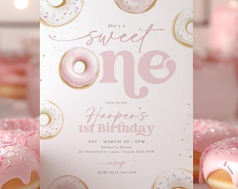 Sweet One Birthday Invitation, 1st Birthday Girl Invitation, She's a Sweet One 1st Birthday Invitation Pink Donut Birthday Invite Printable