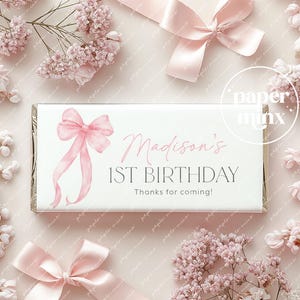 Pink Bow Chocolate Wrapper Printable, Candy Bar Wrapper Template, Chocolate Bar Template, Pink Bow 1st Birthday Favors Chocolate Labels