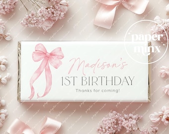 Pink Bow Chocolate Wrapper Printable, Candy Bar Wrapper Template, Chocolate Bar Template, Pink Bow 1st Birthday Favors Chocolate Labels