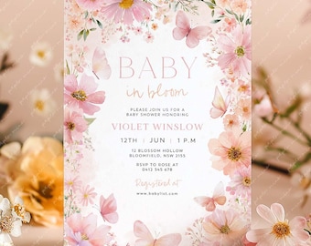 May include: A baby shower invitation with the text "Baby in Bloom" surrounded by pink flowers and butterflies. The invitation includes the honoree's name, date, time, and location.