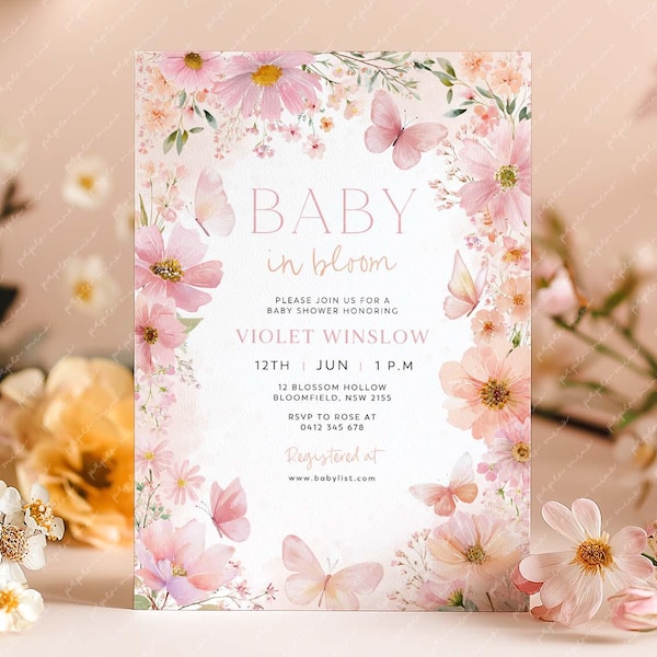 Butterfly Baby Shower Invitation: Pink Peach Wildflower, Baby in Bloom (Canva Template)