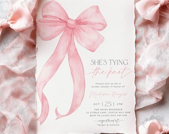 Pink Bow Bridal Shower Invitation Printable, She's Tying the Knot Bridal Invite Template, Pink Bow Bridal Invitation, Coquette Bridal Shower