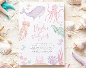 May include: A light pink and blue baby shower invitation with the text "Join Us Under the Sea" and illustrations of sea creatures, including a whale, octopus, jellyfish, turtle, and crab.