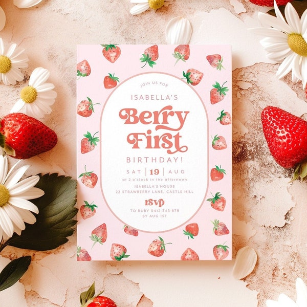 Berry First Birthday Invitation, Strawberry Birthday Invitation, Strawberry Party Invite, 1st Birthday Girl, Berry Sweet First Birthday Pink