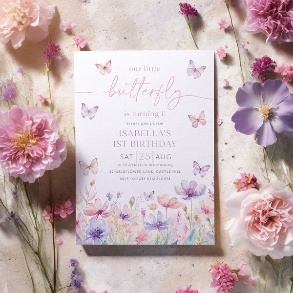 Butterfly Birthday Invitation, 1st Birthday Invite, Floral Butterfly Birthday Invitation, Pink Purple Butterfly Party, 1st Birthday Girl