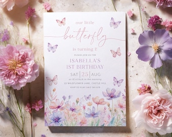 May include: A watercolor-style invitation card with a butterfly theme. The card features a pink and purple floral design with butterflies and the text "our little butterfly is turning!"  "Please join us for Isabella's 1st Birthday Sat 25 Aug at 10 o'clock in the morning 22 Wildflower Lane, Castle Hill RSVP to Ruby 0412 345 678"