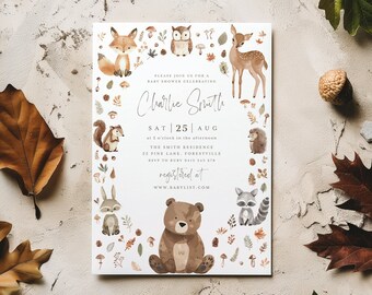 Woodland Baby Shower Invitation, Fox Deer Bear Forest Animals Baby Shower Invite Template, Gender Neutral Baby Shower, Baby Boy Woodlands