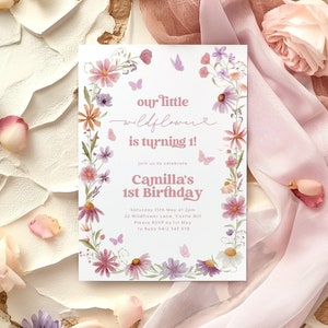 Wildflower Birthday Invitation, Girls Birthday Flower Invitation, 1st Birthday Girl, Wildflower 1st Birthday Party, Pink Purple Butterflies