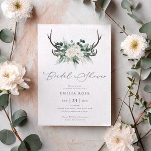 Boho Bridal Shower Invitation, Bohemian Invitation Template, Kitchen Tea Invite, Antlers and Flower, White Flower, Boho Antler Invitation