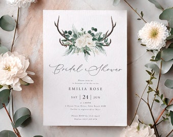 Boho Bridal Shower Invitation, Bohemian Invitation Template, Kitchen Tea Invite, Antlers and Flower, White Flower, Boho Antler Invitation