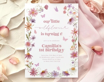 Wildflower Birthday Invitation, Girls Birthday Flower Invitation, 1st Birthday Girl, Wildflower 1st Birthday Party, Pink Purple Butterflies