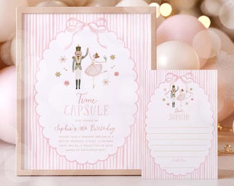 May include: A framed pink and white striped Time Capsule print with a matching fill-in card. The print features a nutcracker and ballerina illustration, with text that reads "Time Capsule" and "Sophia's 10th Birthday". The card has lines for writing and the name "Sophia".