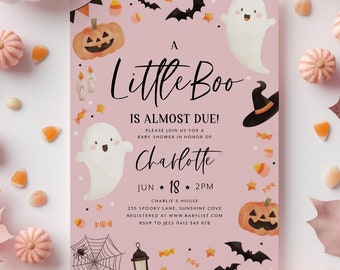 May include: A pink baby shower invitation with a Halloween theme. The invitation features a ghost, a pumpkin, a witch's hat, and the text "A Little Boo is Almost Due!"  Please join us for a baby shower in honour of Charlotte. Jun 18 * 2PM. Charlie's House. 235 Spooky Lane, Sunshine Cove. Registered at www.babylist.com. RSVP to Jess 0412 345 678.
