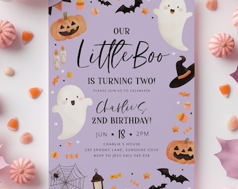 Little Boo is Turning 2 Invitation, Two Spooky Halloween Ghost 2nd Birthday Party Invitation Girl, Cute Purple Ghost Birthday Party Invite