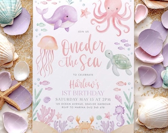 Under the Sea 1st Birthday Invitation: Ocean Animals, Editable Canva Template