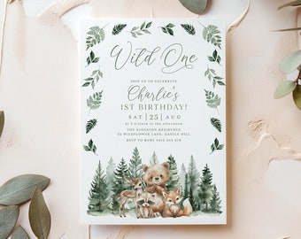 Woodland 1st Birthday Invitation, Wild One Invitation, Fox Deer Bear Forest Animals Birthday Invite Template, Bear 1st Birthday Boy Invite