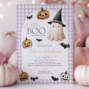 Little Boo Baby Shower Invitation Purple Ghost, Girl Baby Shower Invitation, Halloween Ghost Baby Shower Invite Printable, Pumpkins Bats