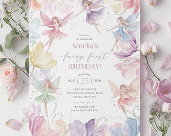 Fairy First Birthday Invitation, Fairy Invitation, Girls Birthday Party Fairy Invite, 1st Birthday Girl, 2nd 3rd 4th 5th 6th Rainbow Fairies