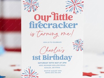 Our Little Firecracker is turning One, 1st Birthday 4th of July Patriotic Fireworks Red Blue Party Invite Invitation | Digital or Printed