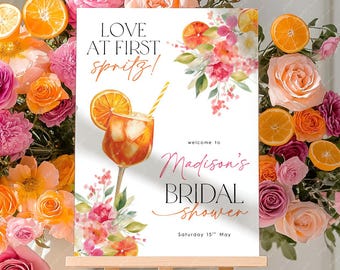 Love at First Spritz Bridal Shower Welcome Sign, Citrus Welcome Sign Printable Template Instant Download, Pink Orange Citrus Flowers Spritz