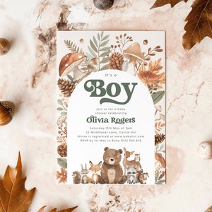 Woodland Baby Shower Invitation, Boy Baby Shower, It&#39;s a Boy, Fox Deer Bear Forest Animals Baby Shower Invite Template, Baby Boy Woodlands