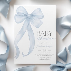 Blue Bow Baby Shower Invitation Template Printable, Baby Boy, Blue Coquette Baby Shower Invite, Baby Shower Invitation Boy Coquette Bow
