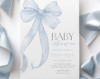 Blue Bow Baby Shower Invitation Template Printable, Baby Boy, Blue Coquette Baby Shower Invite, Baby Shower Invitation Boy Coquette Bow