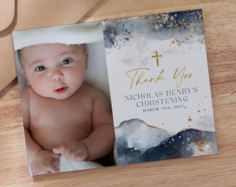 Thank You Card Template, Printable Thank You Card, Instant Download Thank You Cards, Christening Thank You, Navy Gold Baptism Thank You Card