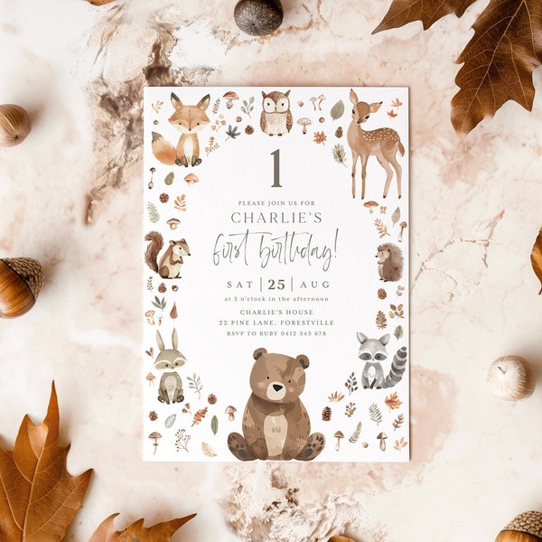 Woodland 1st Birthday Invitation, Wild One Invitation, Fox Deer Bear Forest Animals Birthday Invite Template, Bear 1st Birthday Boy Invite