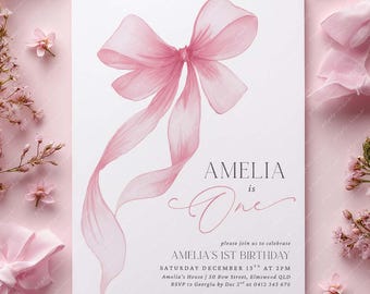 Pink Bow 1st Birthday Invitation Girl, First Birthday Template Printable, Pink Coquette Bow Invitation 1st Birthday Girl Invite, Bow Invite