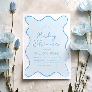 Blue Baby Shower Invitation Boy, Wavy Invitation, Curve Invite, Wave Invitation, Modern Baby Shower, Blue Baby Shower, Baby Boy Shower image 1